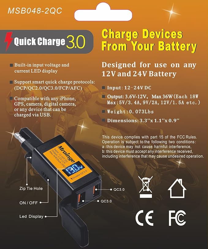 Motorcycle USB Charger, Mroinge 6.8A SAE to USB Adapter Dual Port QC3.0/2.0 Fast Charge, with Voltmeter/Ammeter & ON/Off Switch & 10A Fuse, Perfect for Your Phone or Smart Device Charging
