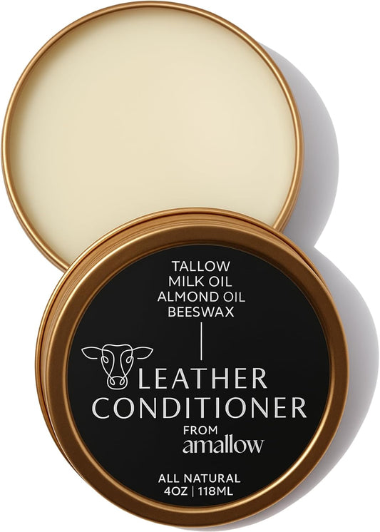 All Natural Leather Conditioner Balm - Made with Mink Oil, Tallow, & Beeswax, Protects, Softens Restores and Waterproofs Leather Shoes, Boots, Bags, Furniture (4 Oz)