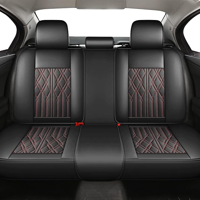 Huidasource Leather Back Row Seat Covers, Waterproof Rear Split Bench Car Seat Covers, Vehicle Seat Cushion Cover Protector Universal Fit for Most Cars Sedan SUV Pickup Truck(Back Row/Black&Red)