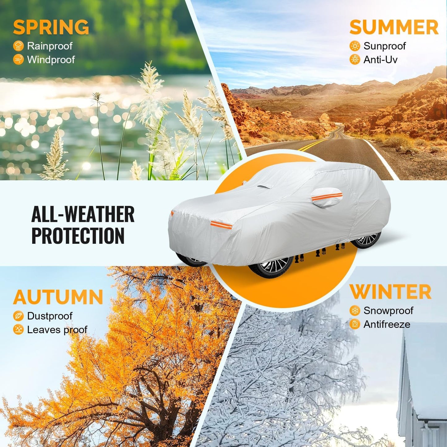 30 Layers SUV Car Cover for Automobiles All Weather Waterproof, Outdoor Snowproof UV Protection Windproof, Door Zipper, Soft Cotton, Heavy Duty Universal Car Covers, (Silver, Fit SUV 171"-180")