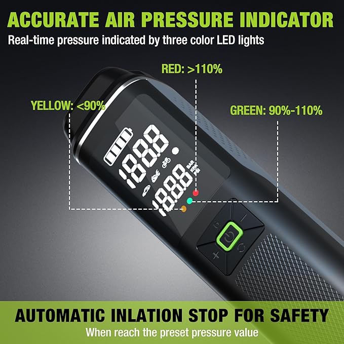 WORKPRO Portable Tire Inflator, 7.2V/12V Small/Mid/Large Air Compressor, Digital Display, Auto Shut-Off, 5 Modes, LED Light, High Airflow, for Car, Motorcycle, Bike, Balls