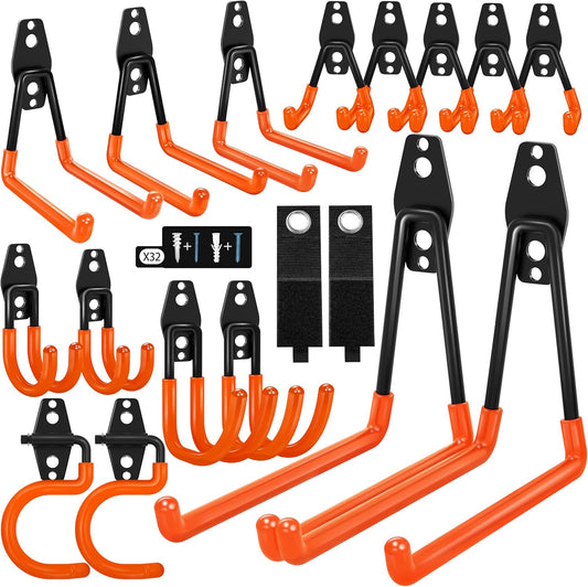 18 Pack Garage Hooks Heavy Duty - Anti-Slip Coating， Garage Storage Hooks for Hanging Bike，Ladder，Garden Tools，Hose