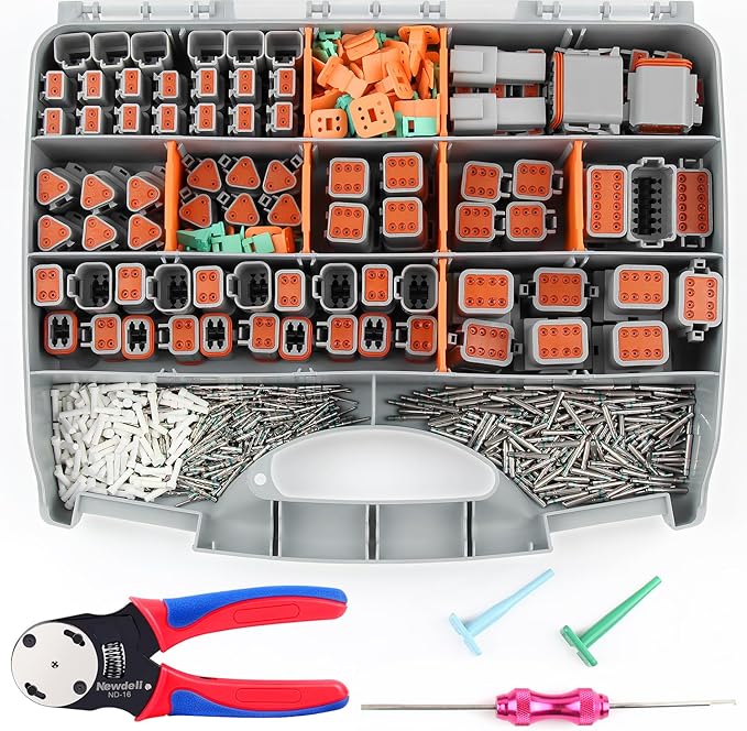 Newdeli 636PCS Deutsch Connector Kit 2 3 4 6 8 12 Pin DT Connectors with Deutsch Crimp Tool(14-20AWG) and Pin Removal Tool Size 16 Solid Contacts Waterproof Automotive Electrical Wire Connectors
