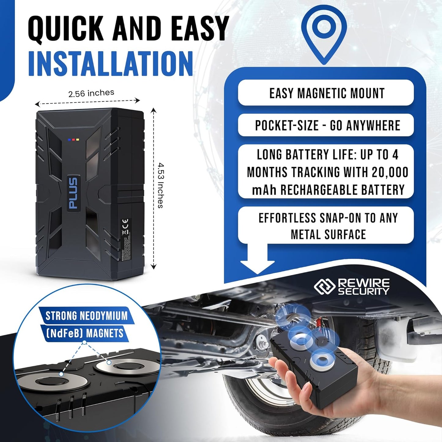 REWIRE SECURITY 104-Plus 4G Magnetic GPS Tracker for Vehicle | Easy Mount | Fits with Car, Truck, Van & Motorbike | Portable Live Tracking | Up to 4 Month Battery Life | Low Cost Subscription Plans