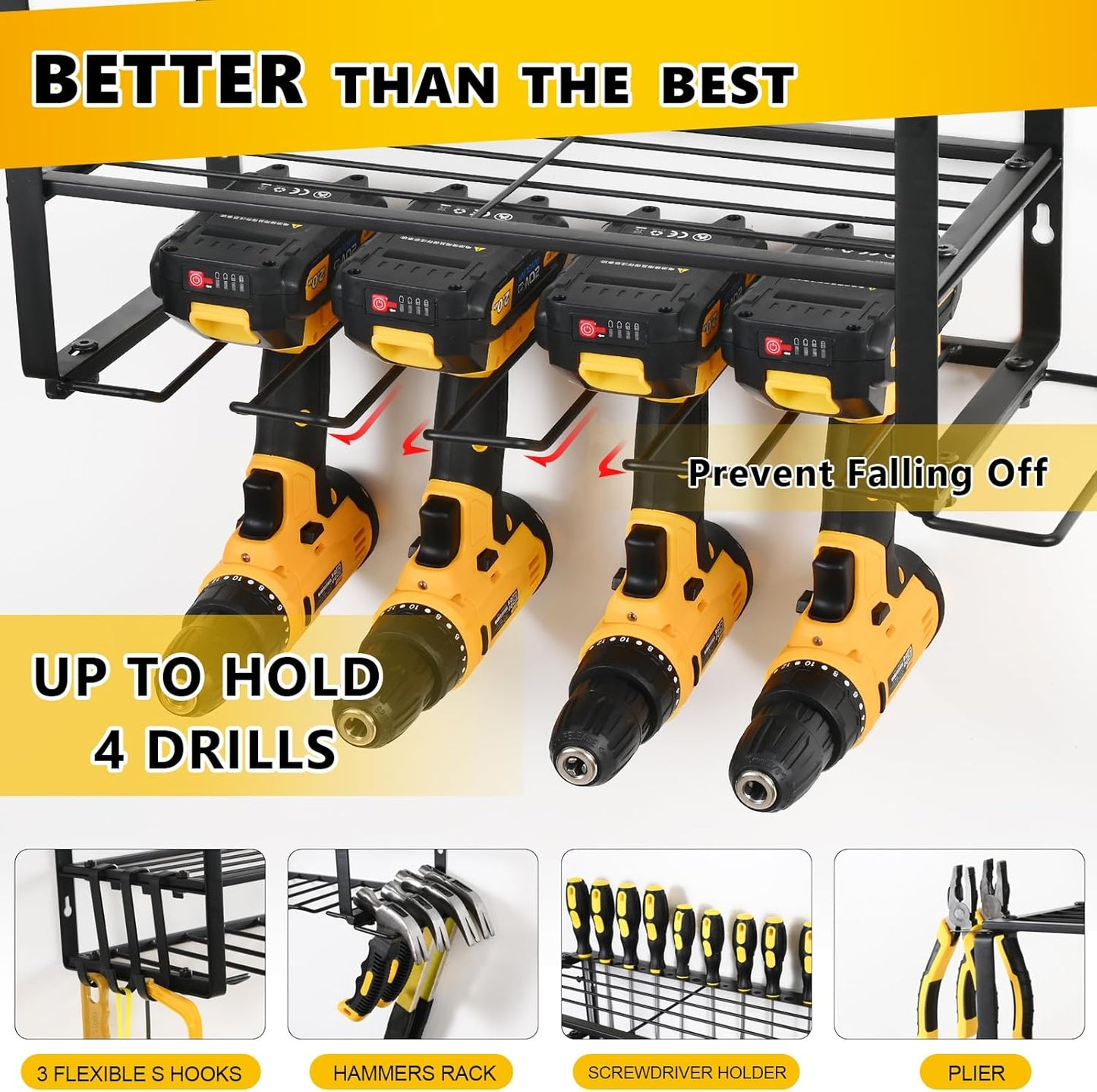 Power Tool Organizer Wall Mount,battery storage rack,Heavy Duty Iron Material, Garage & Workshop Tool Organizer Storage,150Lbs Load 3 Layers Storage Rack with 4 Drill Holders for Drills Cordless Tools