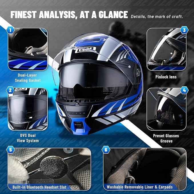 LEM Modular Motorcycle Helmets Fiberglass, Full Face Motorcycle Helmet Flip Up for Touring, DOT Certified, Release Sun Visor & Removable Comfort Liner, Lightweight Street Bike Helmet (Blue, XL)