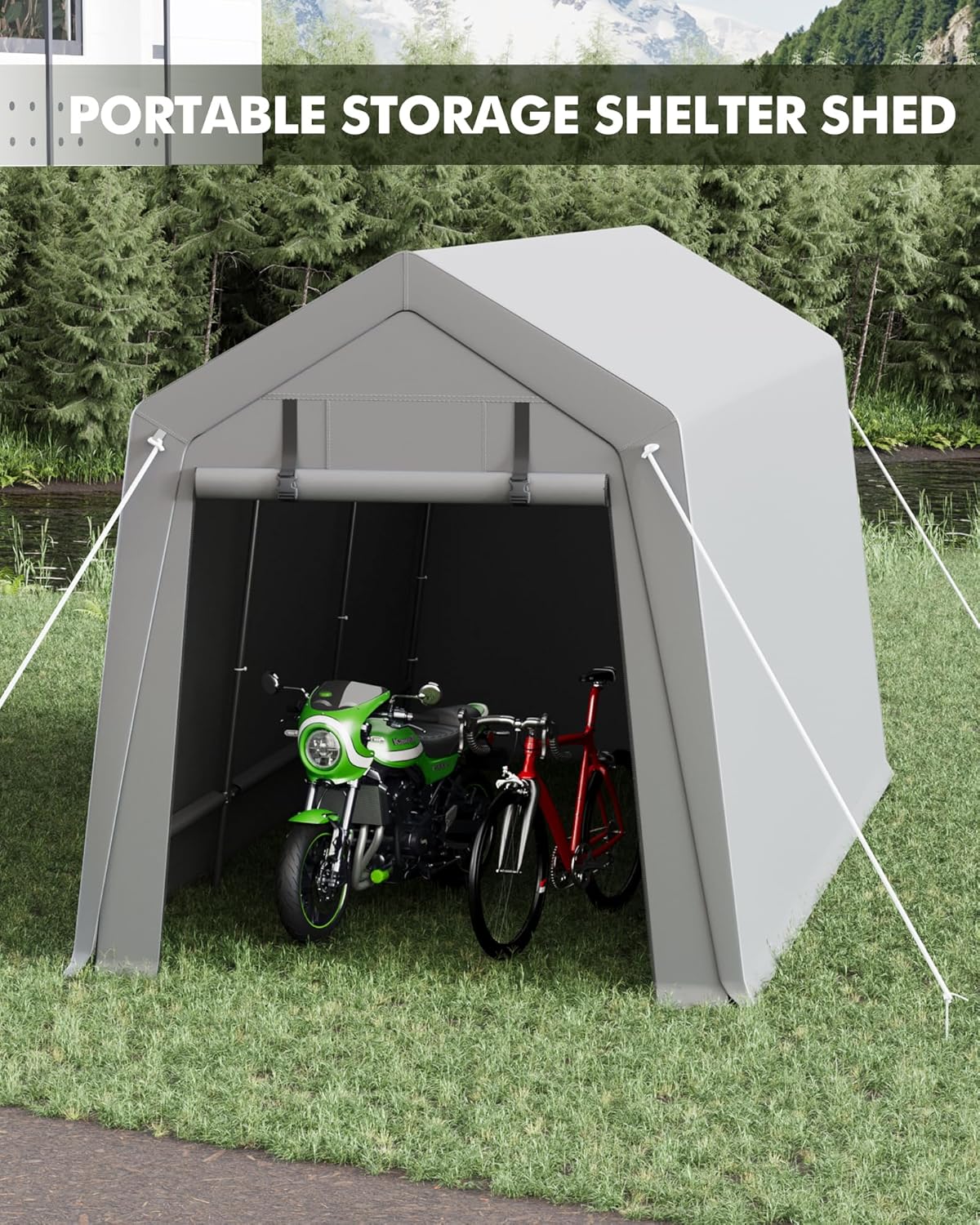 7 x 15 ft Carport Storage Shed, Portable Garage with Roll-up Zipper Door, Heavy Duty Waterproof Tarp, Storage for Motorcycle, Bike, Firewood, Garden Tools