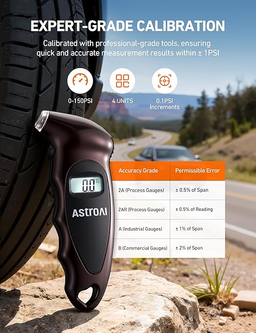 AstroAI Digital Tire Pressure Gauge 0-150PSI, Accurate in 0.1 Increments, Tire Gauge with Backlit LCD and Presta Valve Adaptor, 4 Units of Measurement for Car Truck Bicycle, Brown