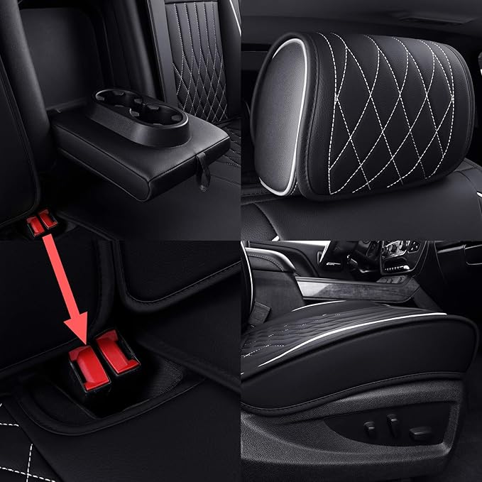 Aierxuan Chevy Silverado GMC Sierra Car Seat Covers Full Set, Custom Fit 2007-2025 1500 2500 HD 3500 HD Crew, Double, Extended Cab or Pickup Truck, with Waterproof Faux Leather (Black and White)