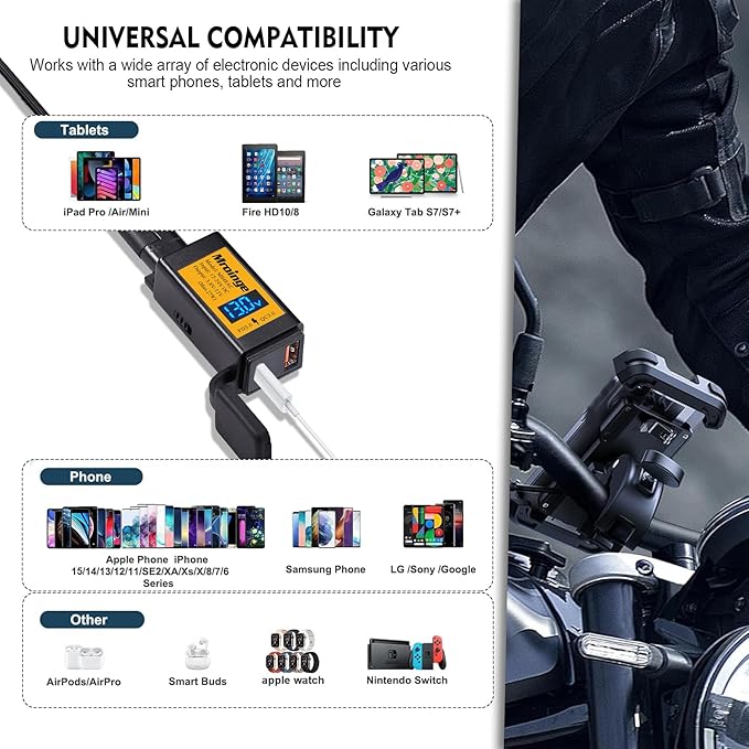 Motorcycle USB-C Charger, SAE to USB Adapter, 27W Dual Port USB Fast Charger with Voltmeter/Ammeter and ON/Off Switch, Perfect for Phone, Tablet, GPS etc Charging