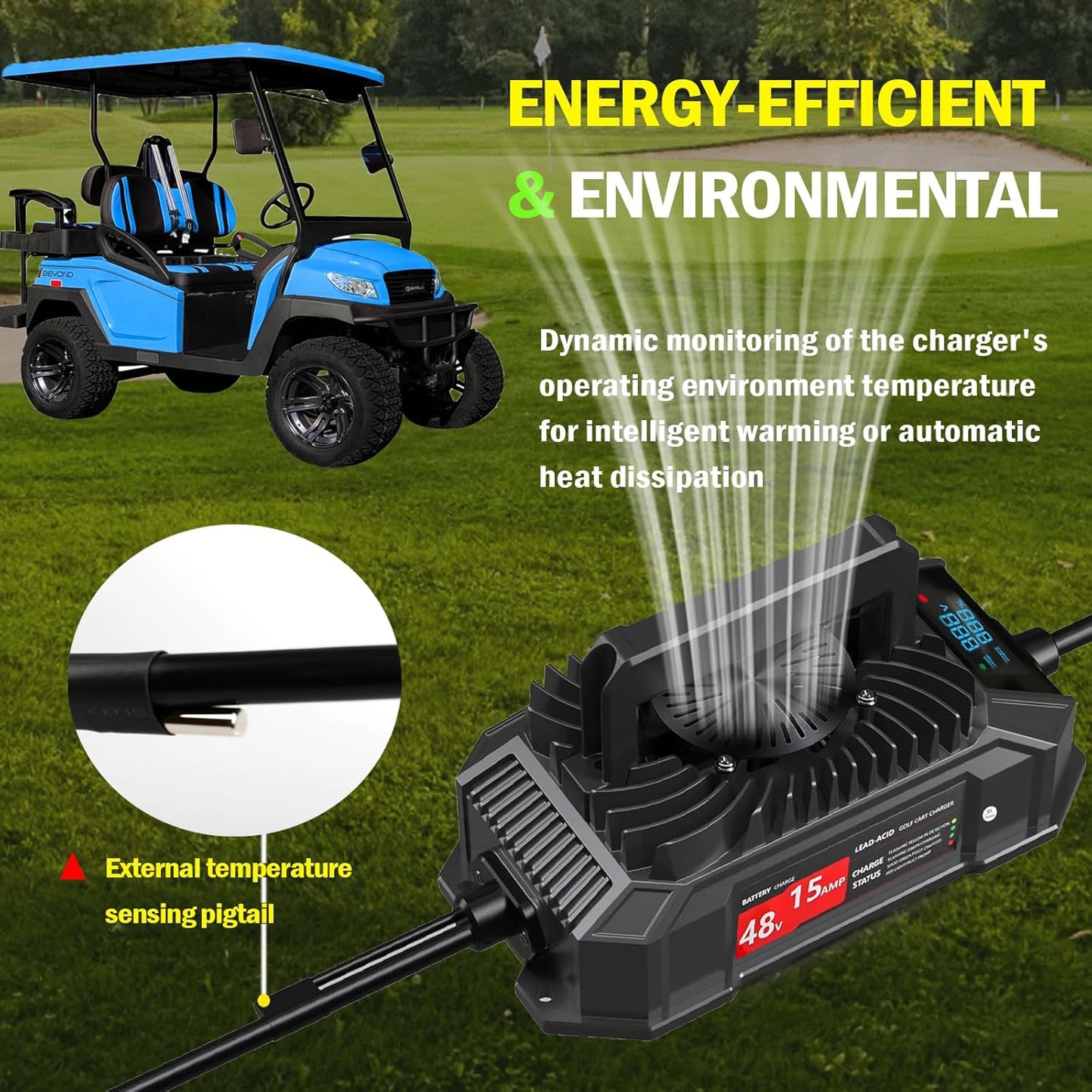 Xislet 15 AMP 48 Volt Golf Cart Battery Charger Compatible with 1995-2025 Club Car Precedent & DS, Round Plug Cable, Lightweight, Waterproof, LED Screen Display, for Lead Acid Battery - Black