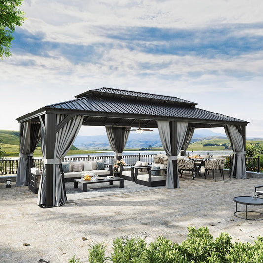 Aoxun 12' X 24' Hardtop Gazebo with Drainage System, Aluminum Outdoor Gazebo with Galvanized Steel Double Roof, Patio Permanent Metal Pavilion with Netting, for Garden, Deck, Grey