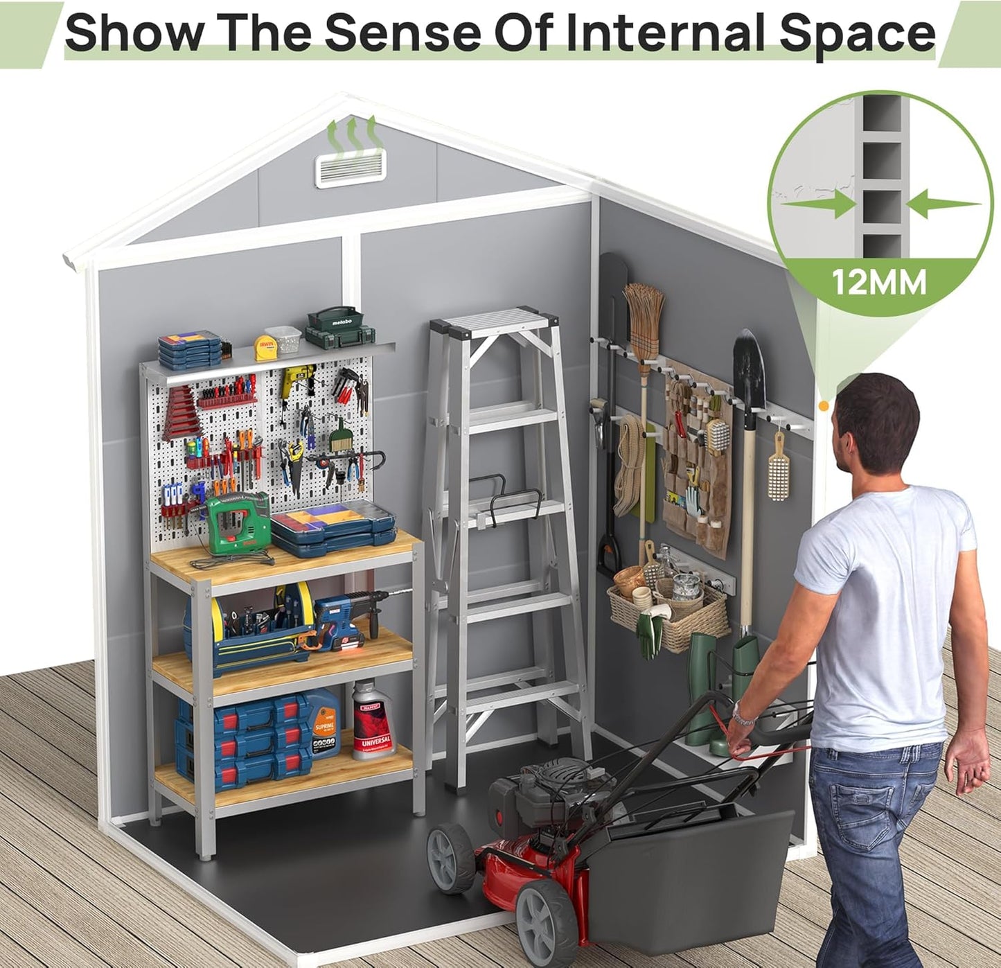 Outdoor Storage Sheds with Floor, 6x4.5 FT Resin Garden Shed with Lockable Door, Window, Waterproof, Plastic Tool Storage for Bike, Garbage Can, Grey White