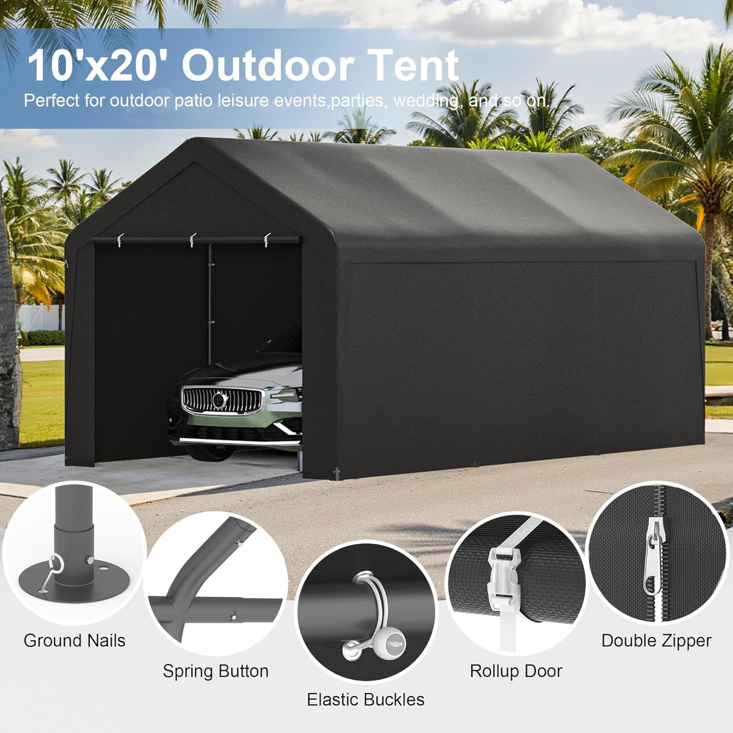 Carport 10x20 Heavy Duty Portable Garage w/Removable Sidewalls & Roll-Up Door Car Canopy Party Tents Waterproof UV Resistant All Weather Car Port for Trucks,Boats (Black)