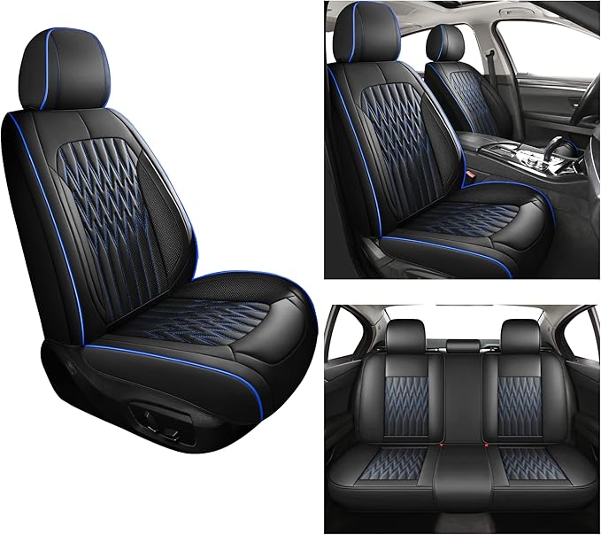 Huidasource Car Seat Covers, Waterproof Leather Vehicle Cushion Covers, Universal Fit for Most Sedan SUV Pickup Truck, Fit for Jeep Acura Honda Civic Nissan Mazda Dodge Buick (Full Set/Black&Blue)