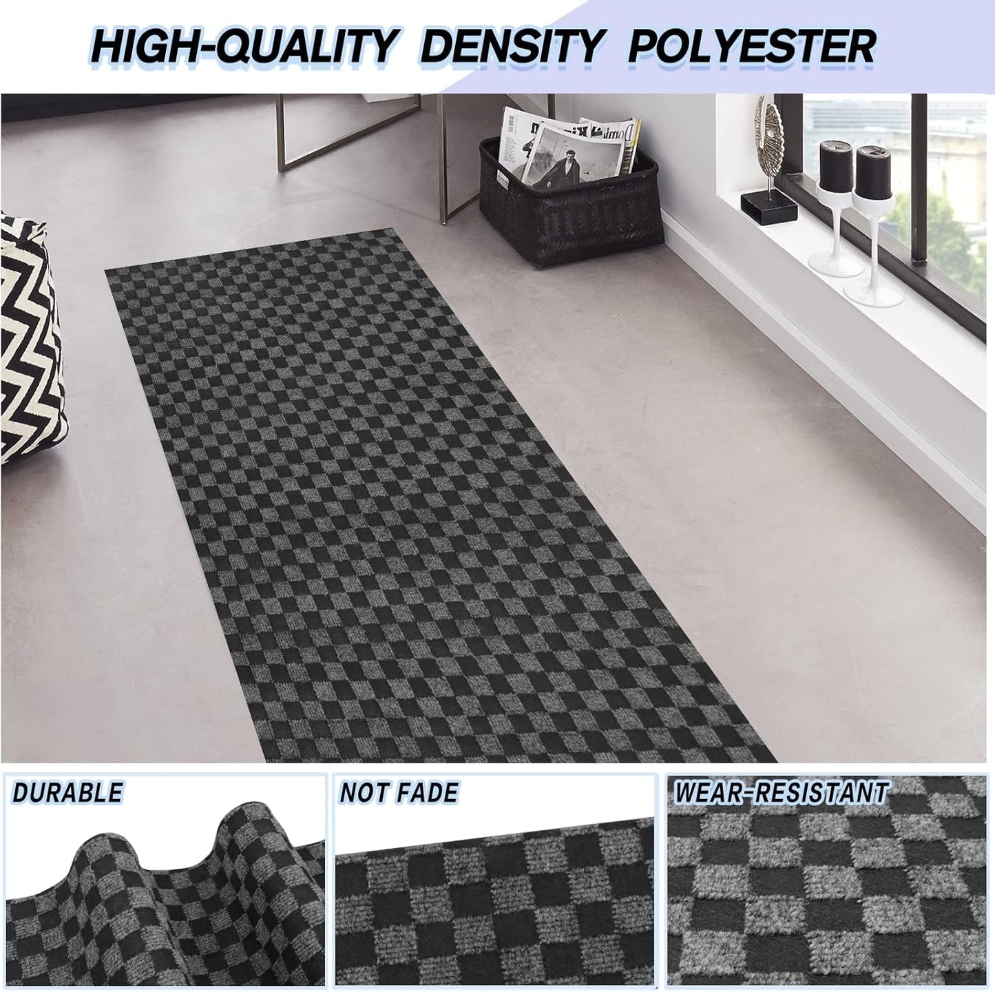 Custom Size Backed Non-Slip Area Rugs Runner, Easy Clean, Waterproof Runner Rugs for Hallway Entryway, Kitchen, Laundry, 3FT x 79FT, Gray Checkered