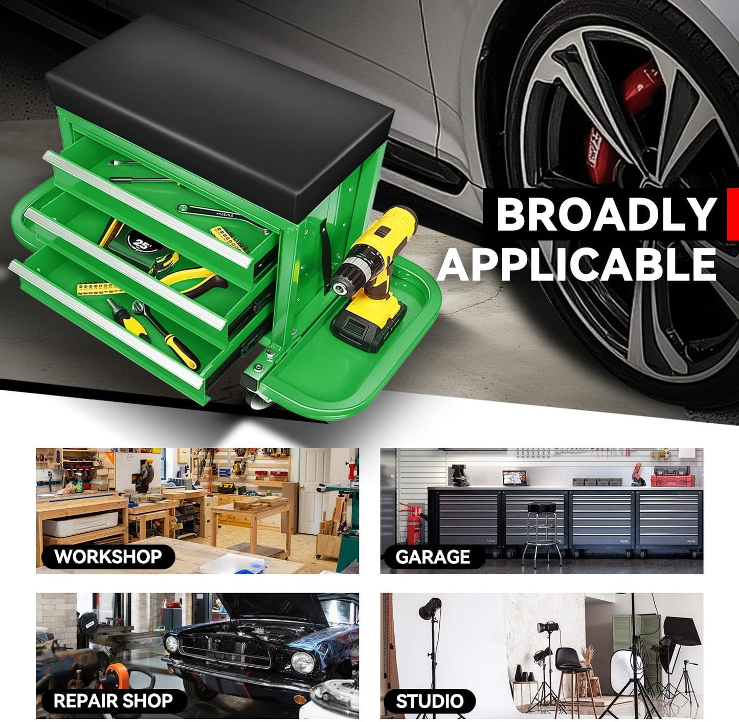 Auto Dynasty 3-Drawer Mechanic Rolling Seat, 350 LBS Capacity Roller Garage Shop Seat with Storage Tool Tray for Workshop, Repair Shop, Warehouse, Green