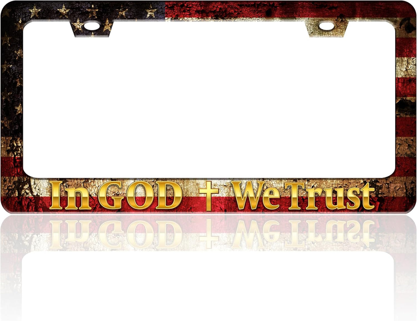 in God We Trust License Plate Frame Cross American Flag for Front or Rear Car Tags Stainless Steel License Plate Holder Funny Car Decoration with Screws 6.3 X 12.2 in