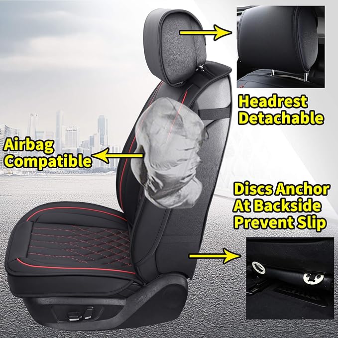 Aierxuan 2pcs Car Seat Covers Front Set with Waterproof Leather, Airbag Compatible Automotive Vehicle Cushion Cover Universal Fit for Most Cars (Black and Red)