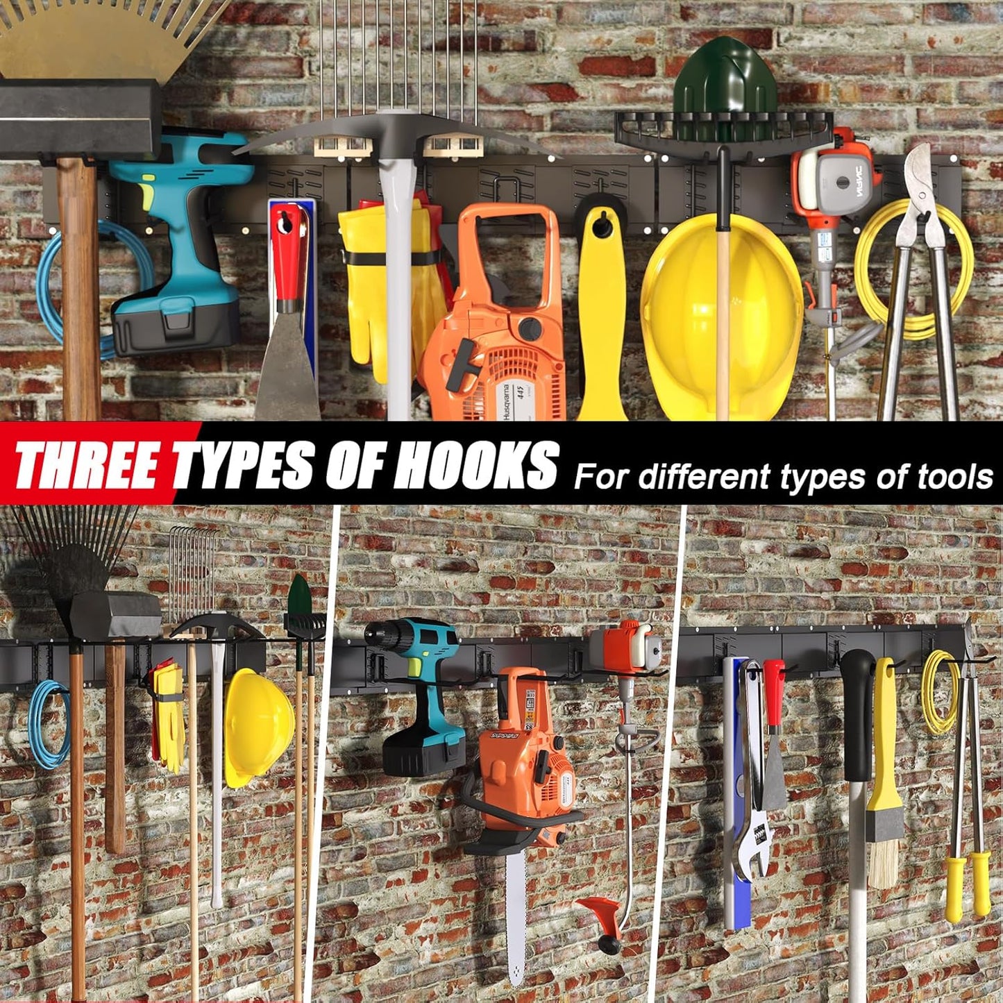 48 Inches Garage Organization,Wall Mount Garden Tool Organizer,660lbs Adjustable Heavy Duty Metal Hanging Hooks, Garden Tool Hangers Storage Rack for Garage, Yard, and Shed (3 Racks, 9 Hooks)