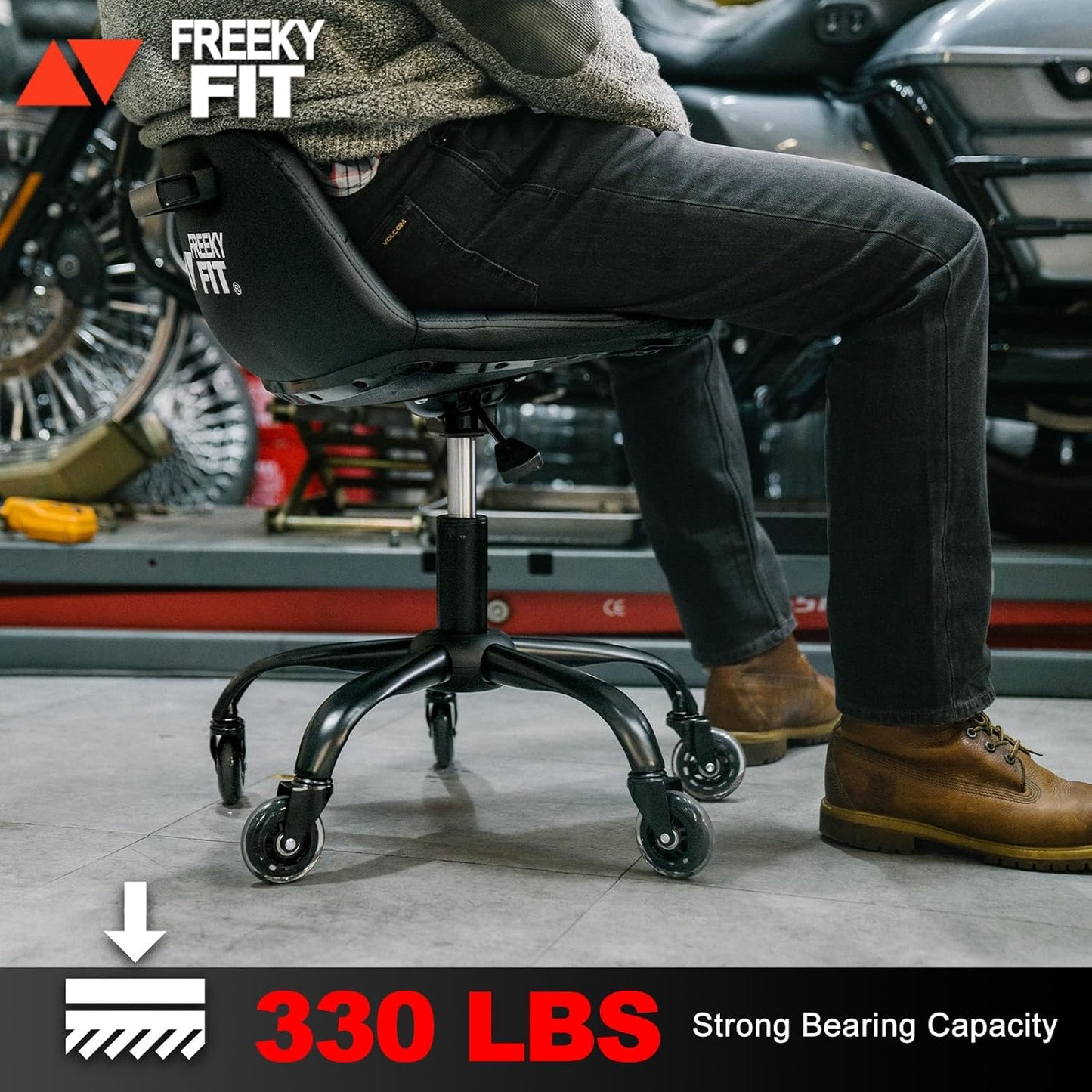 Rolling Stool with Wheels, Garage Shop Stool with Backrest, Roller Seat with Pneumatic Adjustable Height 16.93"-19.69", Heavy Duty Multi-Purpose Chair for Shop Salon Office Home, Blue