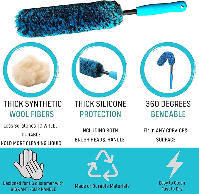 6PCS Car Wheel Cleaning Detailing Pro Kit, Tire Brush, 2 PCS Soft Woolies Rims Brush, Detailing Brush, and Tire Dressing Pads, Scratch-Free & Multipurpose Tire Brush