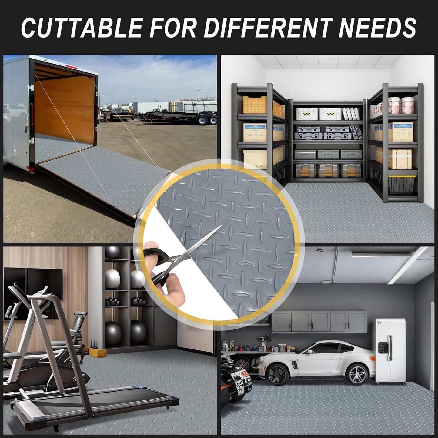 4x10FT Garage Floor Mat, 2.8mm Thickened Flooring Roll for Under Car, Golf Cart Parking Mat, Diamond Plate PVC Rubber Motorcycle Mat, Non-Slip Floor Protector for Garage Warehouse Trailer, Grey