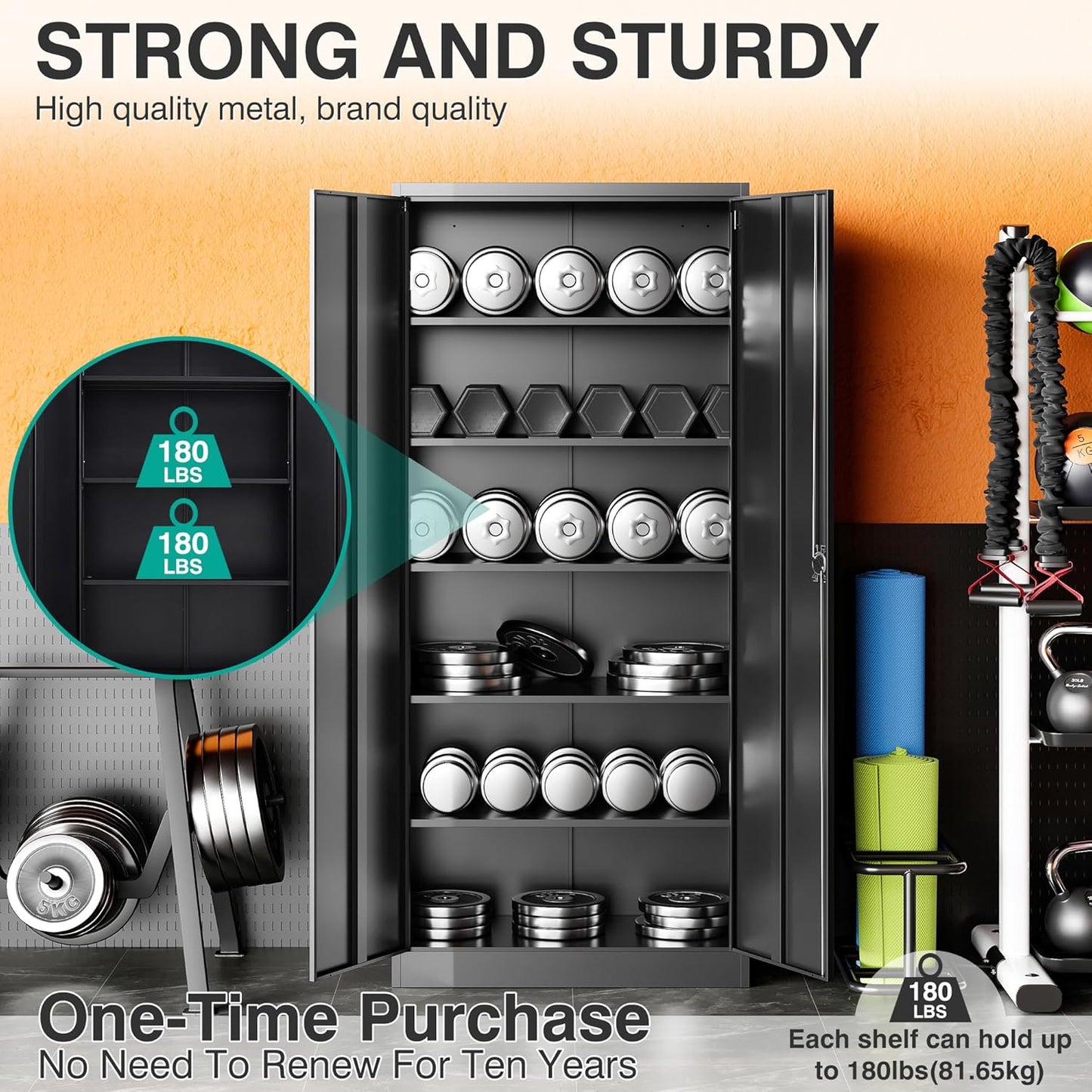 SISESOL Metal Storage Cabinet with 2 Doors and 6 Shelves,71" Lockable Garage Storage Cabinet,Black Metal Cabinets with Lock,Locking Steel Cabinets for Home,Office,Garage,Shop,School