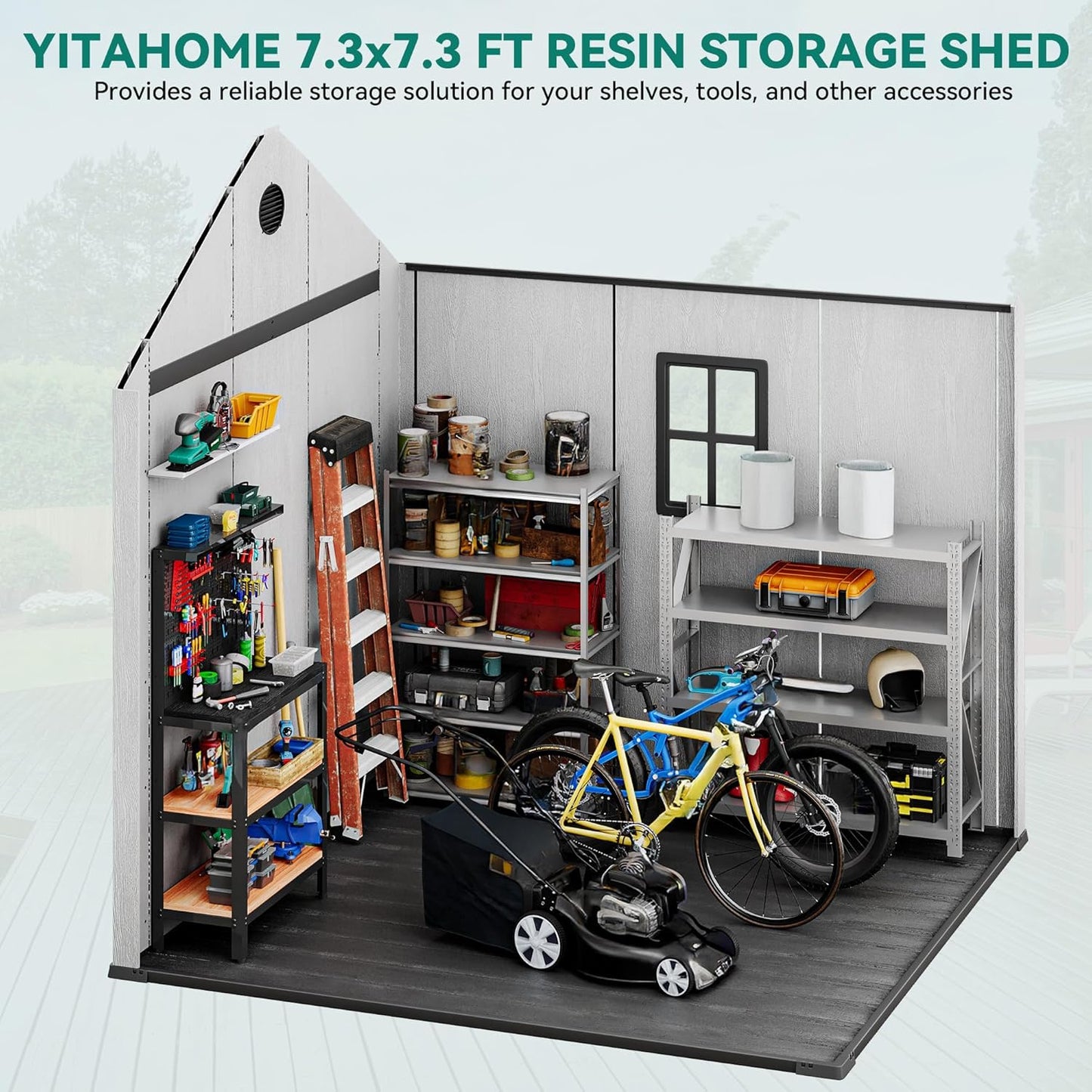 YITAHOME 8 x 8 ft Outdoor Plastic Storage Shed with Floor, Waterproof Garden Shed with Lockable Door, Windows & Vents, Plastic Tool Storage for Patio Furniture, Lawn Mower, Bike Storage