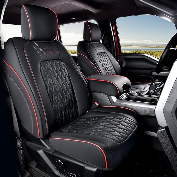 Coverado Leather Seat Covers Full Set for Ford F150F250F350F450(2015-2025)Waterproof Automotive Cushion Covers for Pick-Up Trucks Custom Fit for F150 SuperCrew&F250–F450 Super Duty Crew Cab(Red Line)