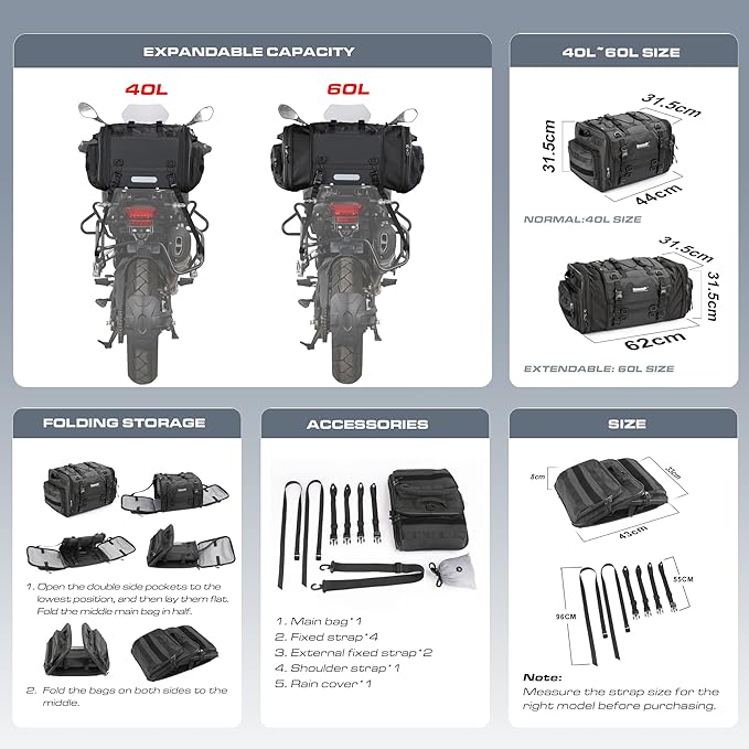 Rhinowalk Motorcycle Tail Bag Waterproof Saddlebag 40L to 60L Expandable Large Capacity Luggage for Motorbike Touring, Durable Powersports Travel Storage (60L, Black)