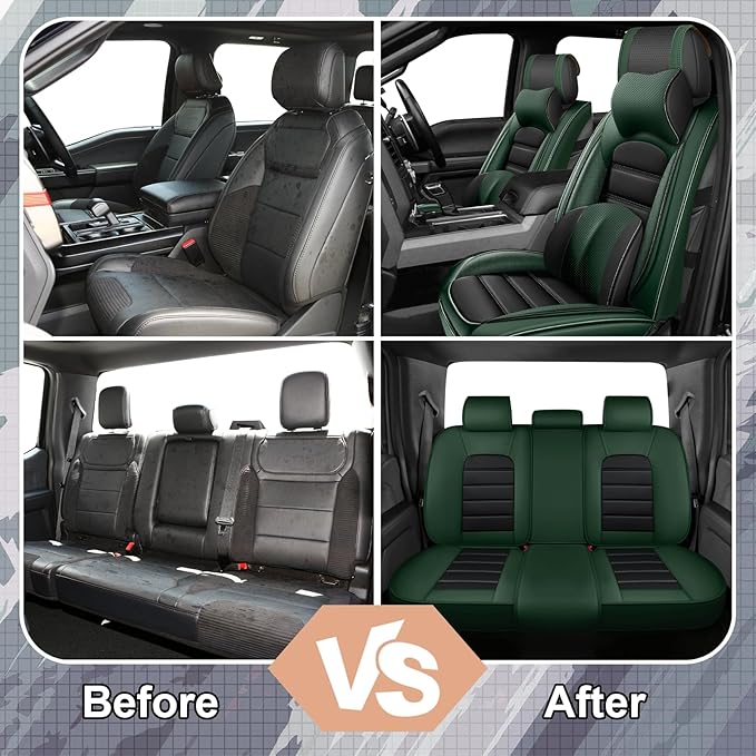 Full Set Car Seat Covers for GMC Sierra 1500/2500/3500 Denali SLT AT4 AT4X Base Seat Covers 2008-2025, Waterproof Premium Nappa Leather Seat Protectors(Luxury 5 Seats/Black&Green)