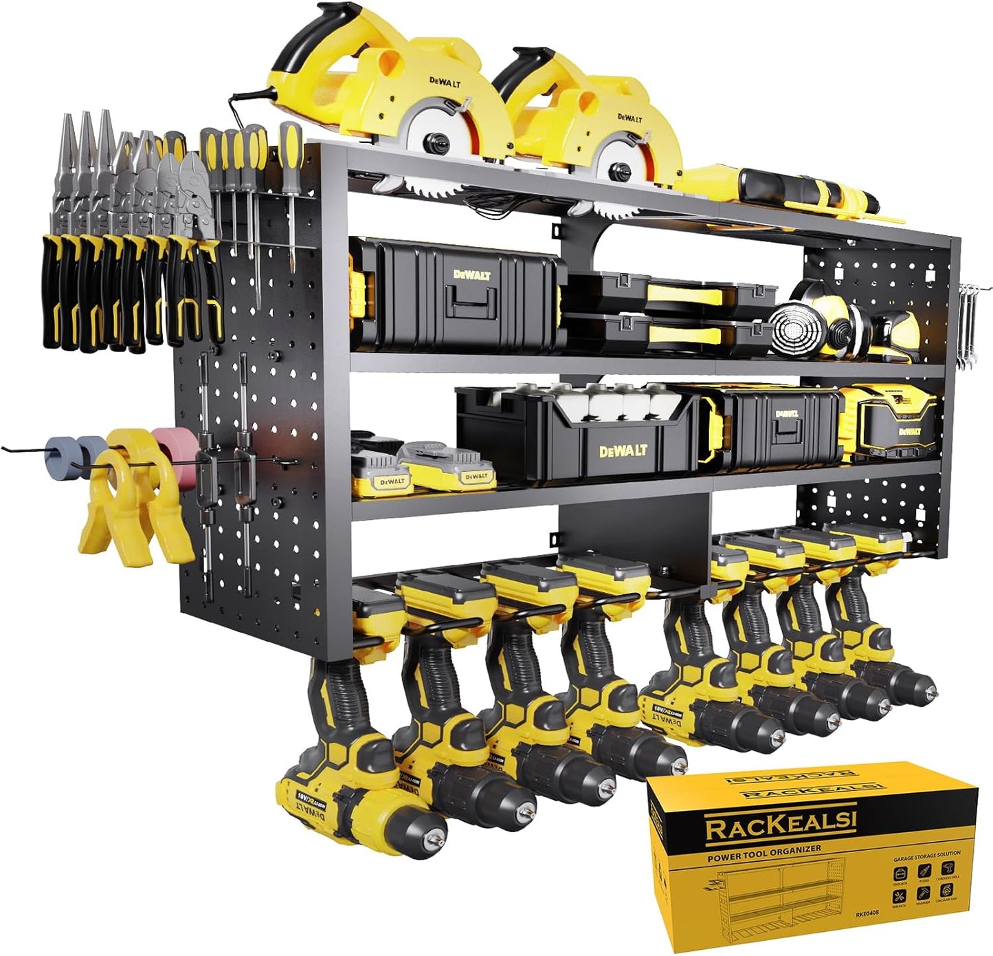 Large Power Tool Organizer Wall Mount, 4 Layer Garage Storage Cordless Tool Organizer with 8 Drills Holder, Heavy Duty Premium Metal Load 400 lbs, Ideal Garage Organization Gifts for Men