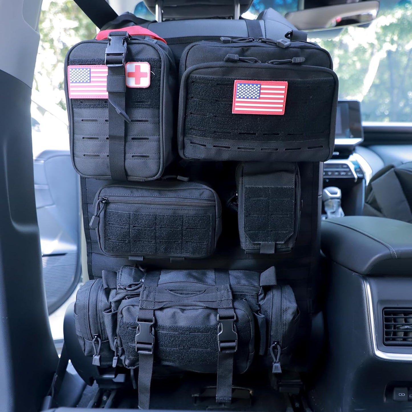 Universal Tactical Seat Back Organizer Vehicle Molle Panel Organizer Storage Bag with 5 Detachable Molle Pouch for All Vehicel Such as Jeep,Truck,SUV, Car, Ford,Chevy etc