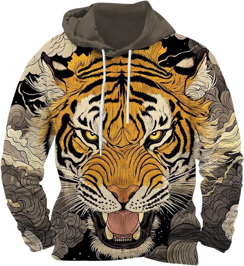 Mens Animal Print Graphic Hoodies Casual Long Sleeve Japanese Art Style Hooded Sweatshirt Lightweight Pullover Tops