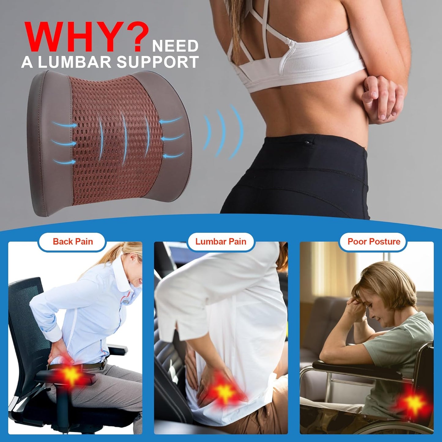 Memory Foam Lumbar Support Cushion Relieves Lower Back Pain for Car Seat, Office Chair, and Wheelchair, 4D Mesh, Brown