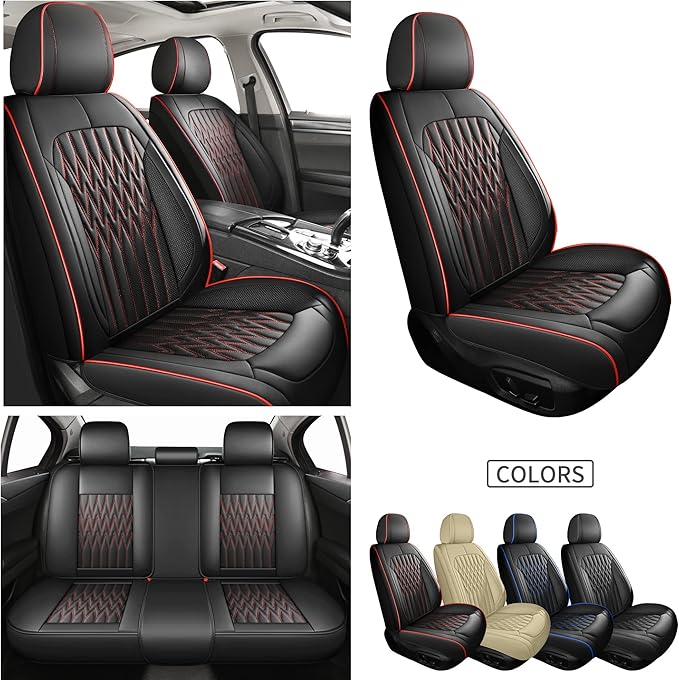 Huidasource Car Seat Covers, Waterproof Leather Vehicle Cushion Covers, Universal Fit Most Car Sedan SUV Pickup Truck, Fit for Jeep Acura Honda Civic Nissan Mazda Dodge Buick (Full Set/Black&Red)