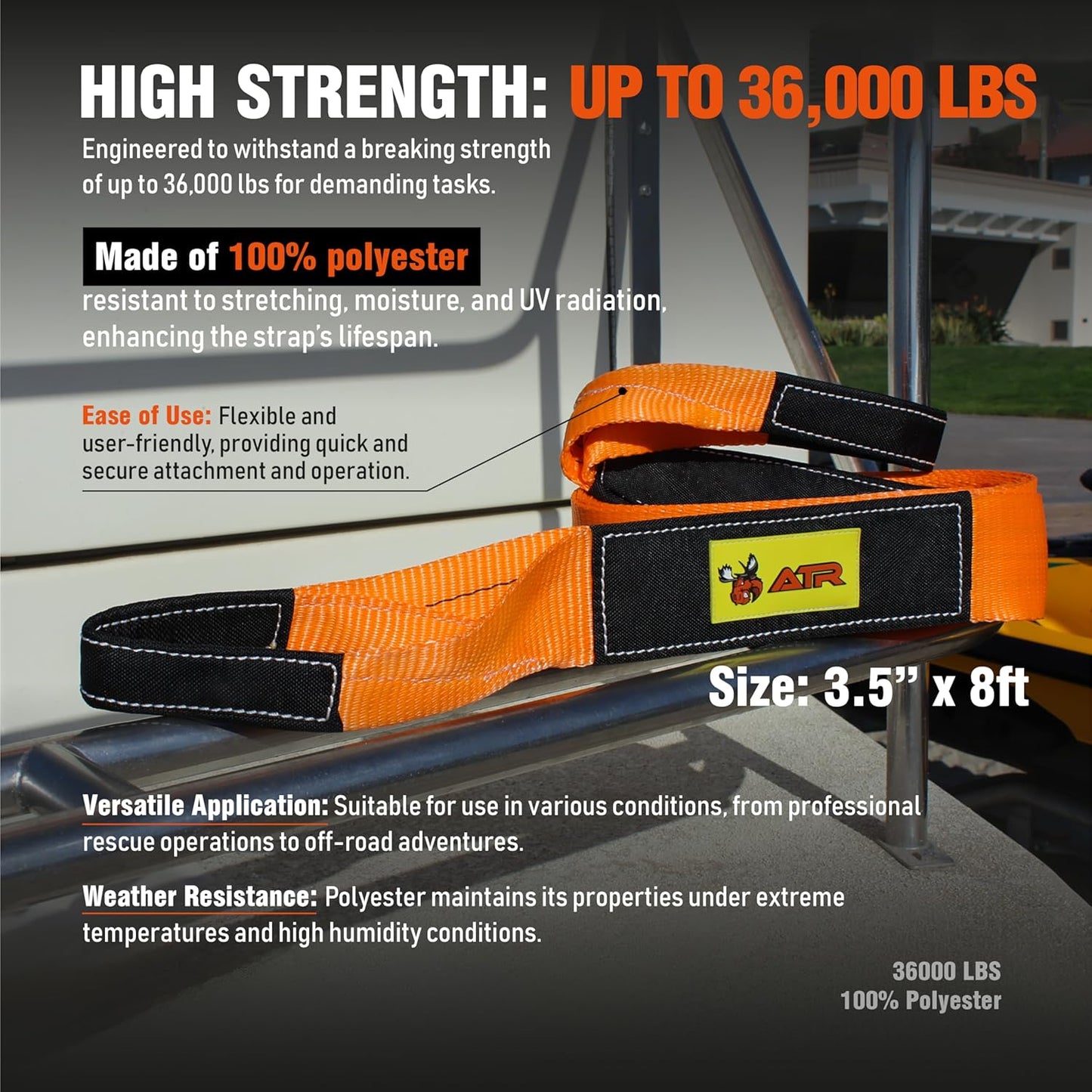 ATR Tree Saver Strap 3.5" x 8ft – 36,000 lbs Break Strength, Heavy Duty Tow Strap for Winch, Off-Road Recovery, Truck, Jeep, Short Polyester Recovery Rope with Loops