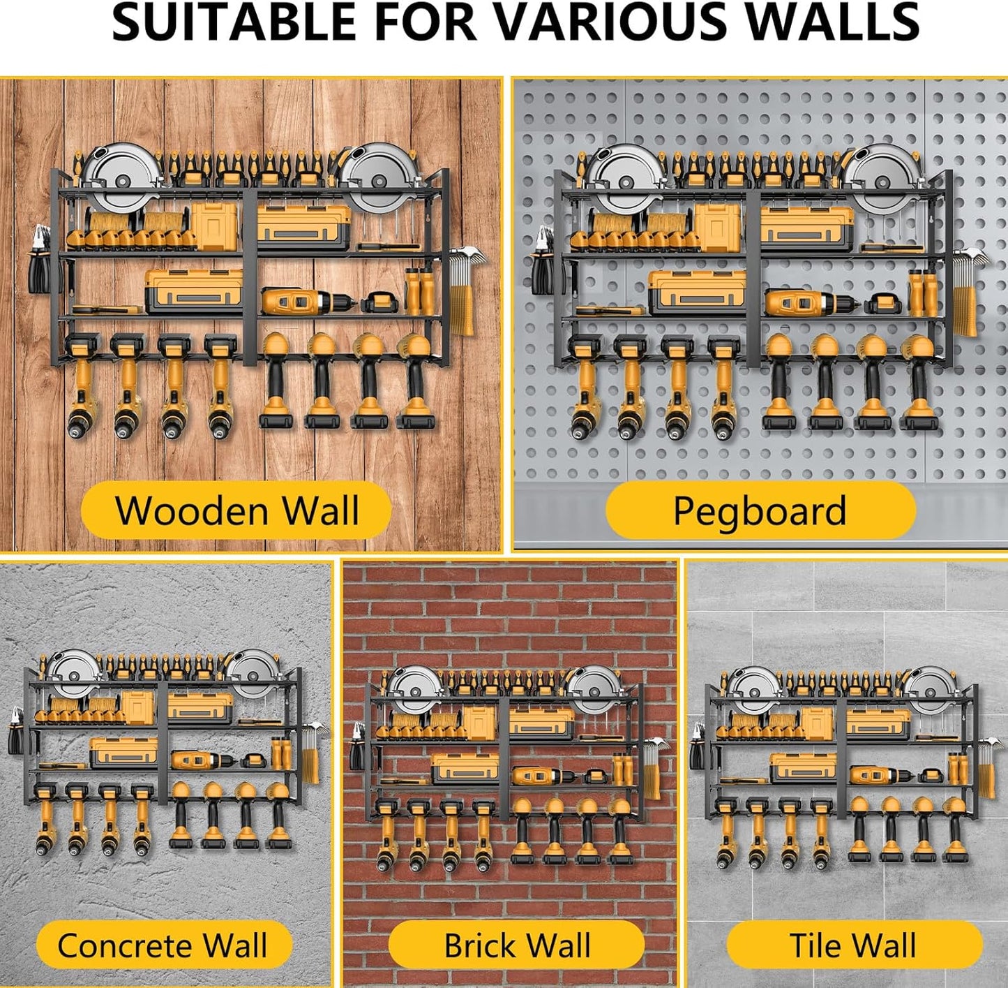 Power Tool Organizer Wall Mount：Heavy Duty Drill Holder Rack with 8 Slots, 4-Tier Metal Tool Shelf for Garage Storage, Workshop, DIY(32inch)