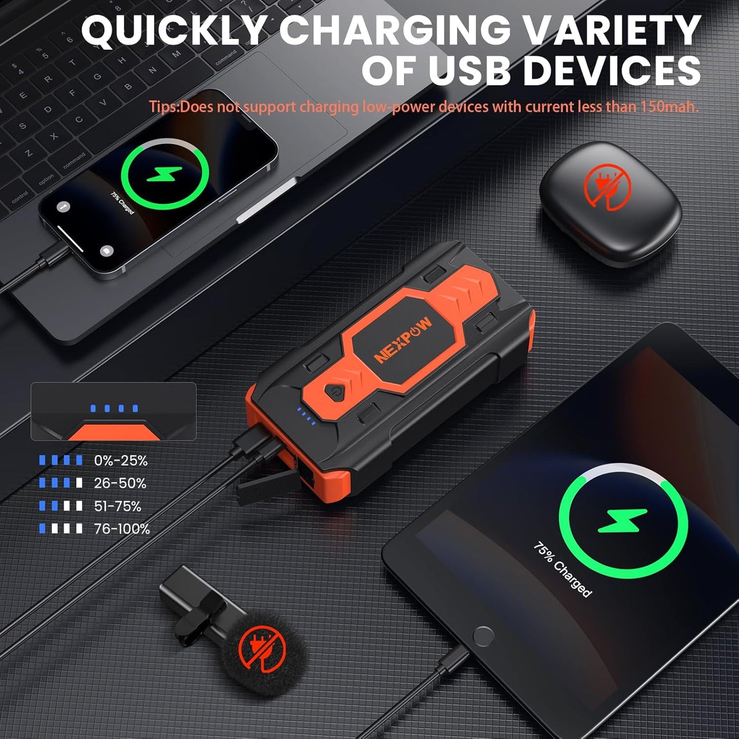 NEXPOW Car Battery Jump Starter 3000A, Portable Jumper Starter (up to 8.0L Gas/8L Diesel Engines) 12V Car Battery Booster Pack with USB Quick Charge 3.0 and 4 LED Modes Red Blue Warning