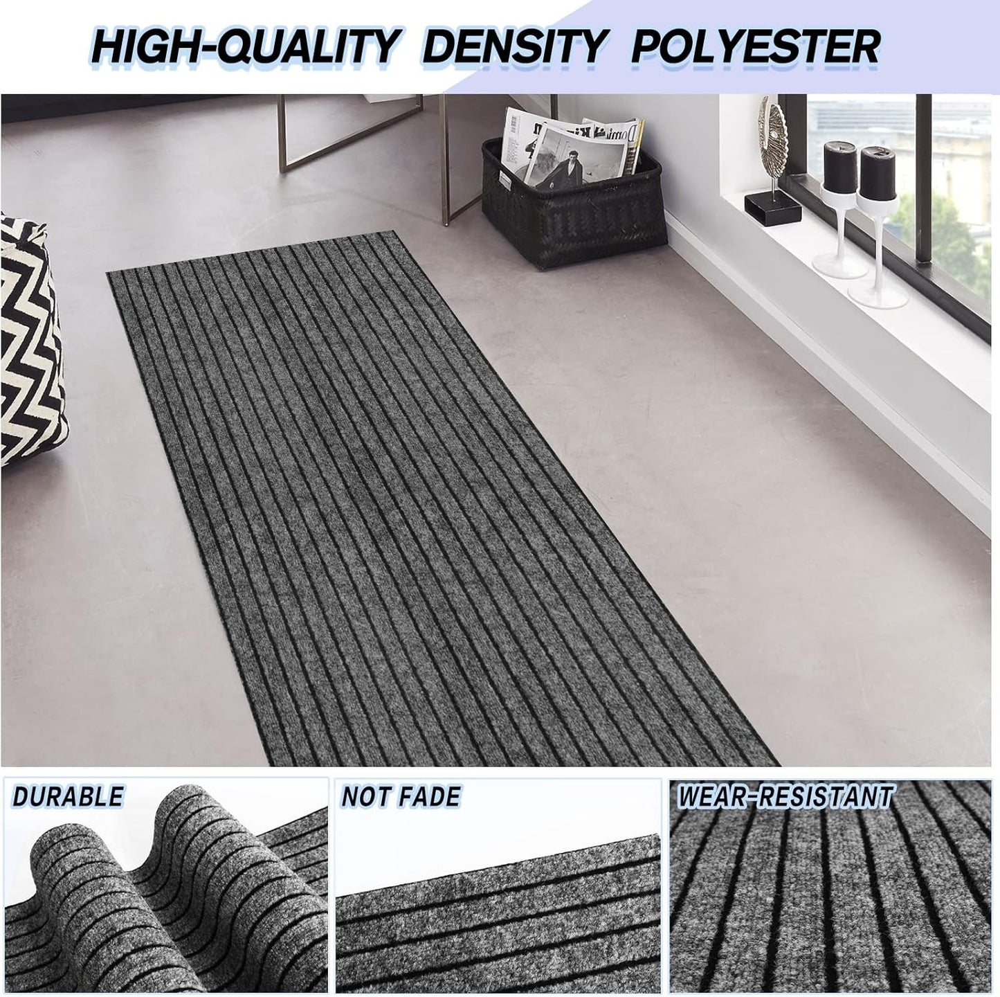 Custom Size Backed Non-Slip Area Rugs Runner, Easy Clean, Waterproof Runner Rugs for Hallway Entryway, Kitchen, Laundry, 2FT x 35FT, Gray Stripe