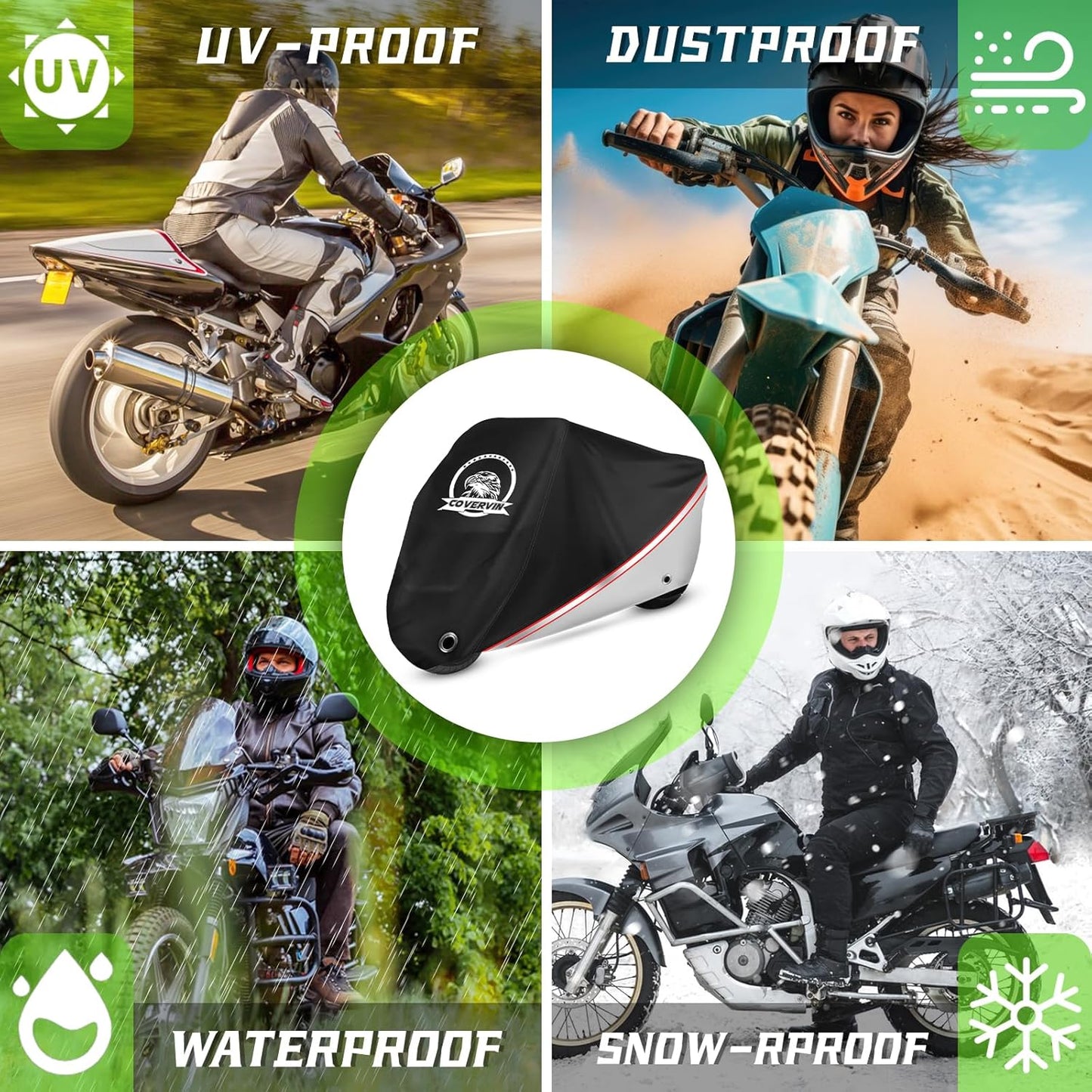 COVERVIN Motorcycle Cover, All Weather Outdoor Waterproof Night Protection with Reflective Strips, Locking Holes and Storage Bag for 86 Inch Suzuki, Kawasaki, Honda, Harley-Davidson(Silver M)