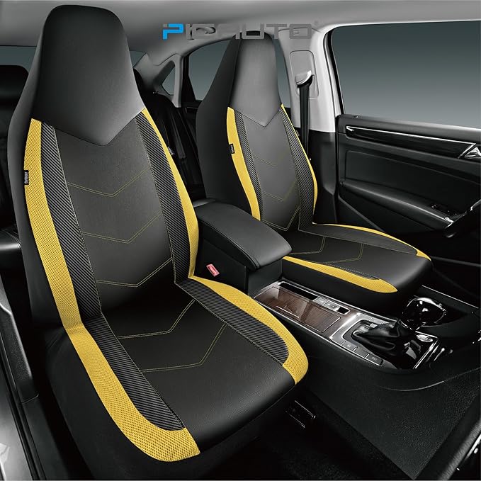 PIC AUTO Leather Car Seat Covers, Sports Carbon Fiber & Mesh Design, High-Back Two Front Set, Waterproof Automotive Seat Covers, Airbag Compatible, Universal Fit for Most Cars (Black & Yellow)
