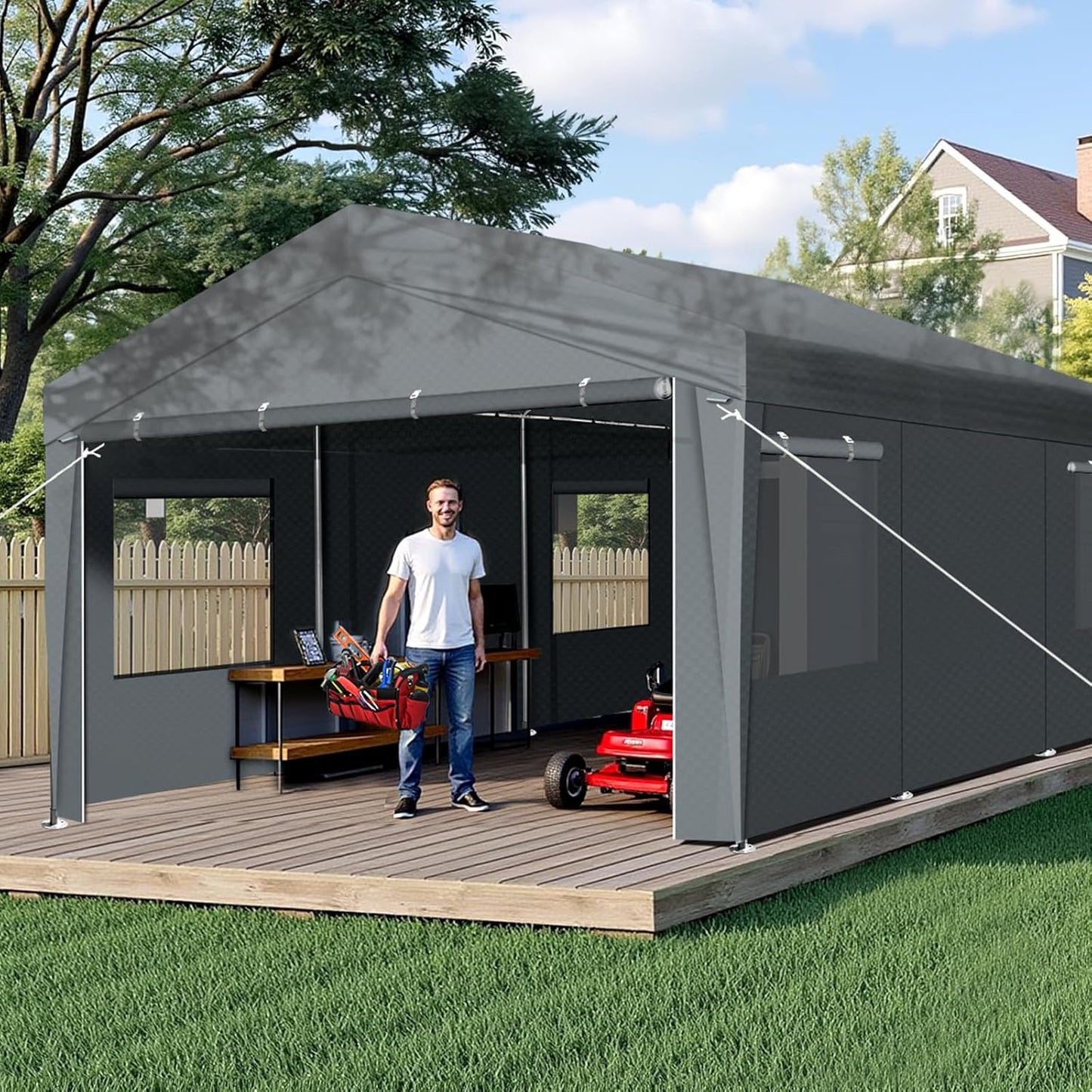 VINGLI 12 x 20 ft Outdoor Portable Storage Shed, Heavy Duty Bike Tent with Roll-up Zipper Door & Windows, Waterproof and UV Resistent Carport for Motorcycle, Garden Tools and Firewood