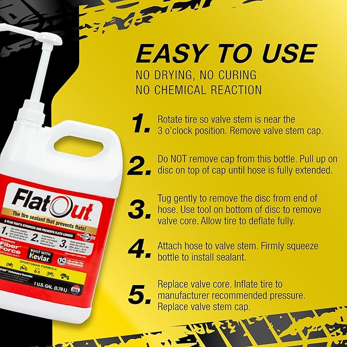 Flat Out Tire Sealant Sportsman Formula - Prevent Flat Tires - Seal Leaks - Sportsman Formula with Valve Core Tool - Contains Kevlar - Tubeless Tire Sealant - Fast-Acting Formula - 1 Gallon