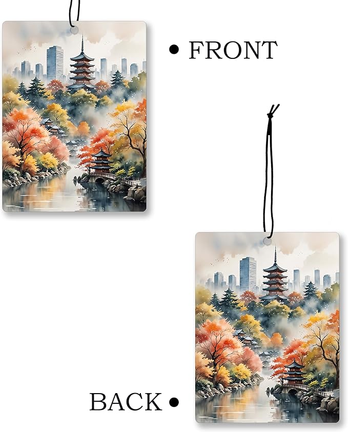 Vintage Japanese Landscape Car Air Freshener 4 Pcs, Watercolor Mountains Temple Hanging Scents Air Freshener for Women Men Gifts, Retro Scented Car Accessories Decor for Room Closet Drawer