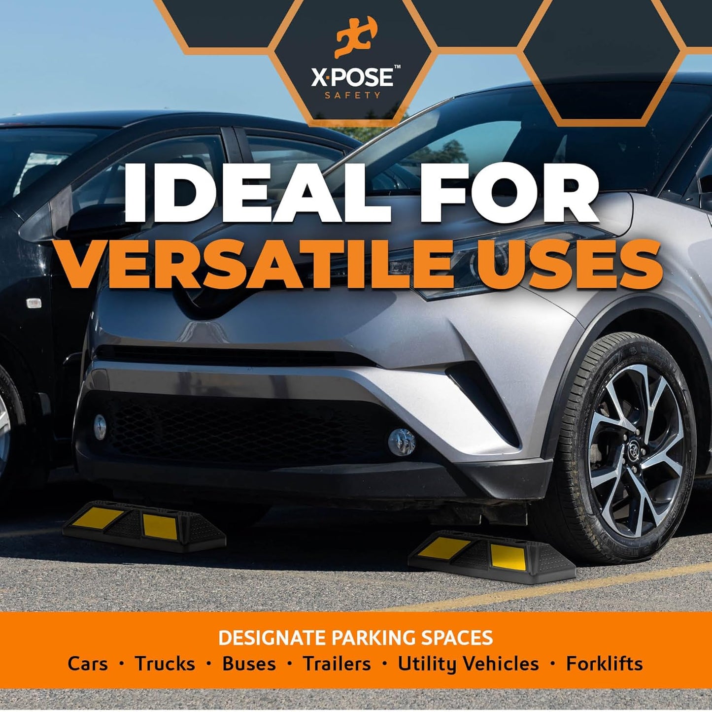 Xpose Safety 22" Heavy Duty Rubber Parking Stopper – 2 Pack Wheel Blocks for Garage, Driveway, or Ramp – Car Bumper Stop with Yellow Reflective Strips – Removable Floor Mount