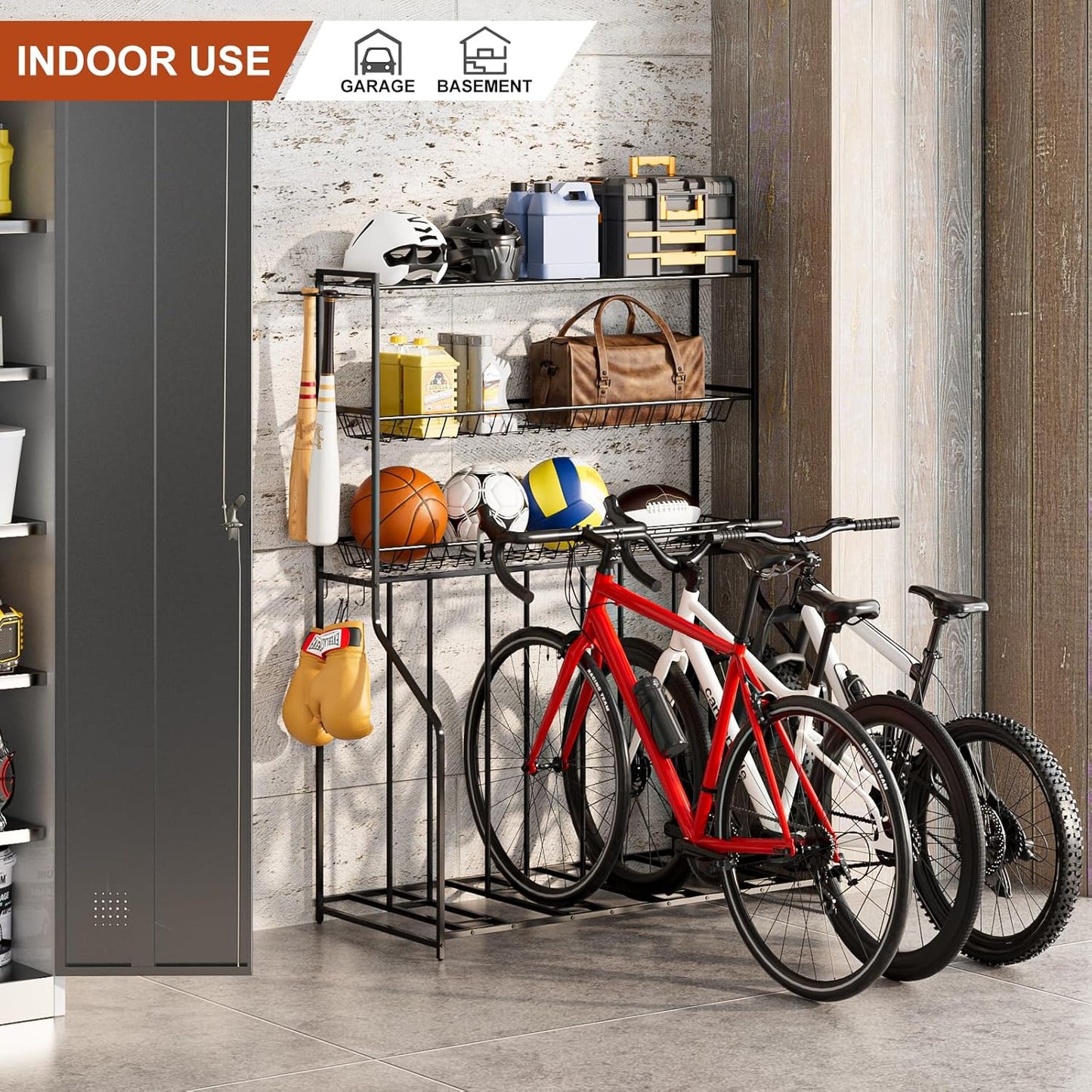 4 Bike Stand, Bike Rack Garage with 3-Tier Storage Rack, Bicycle Stand for Garage Organizer, Indoor Sporting Gear Storage Station for Mountain/Road/Hybrid & Fat Tire Bike, Patent Pending