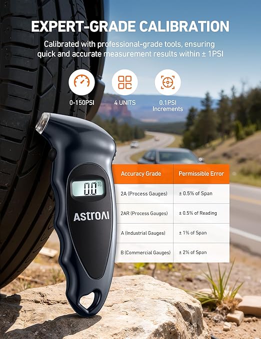 AstroAI Digital Tire Pressure Gauge 0-150PSI, Accurate in 0.1 Increments, Tire Gauge with Backlit LCD and Presta Valve Adaptor, 4 Units of Measurement for Car Truck Bicycle, Gray