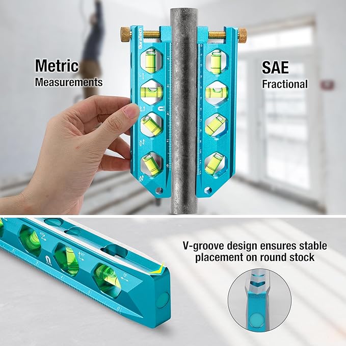 DURATECH 3-Piece Level Tool Set, Magnetic Torpedo Level Included 2.5", 6.25", 8" Leveler with 0°/30°/45°/90° Bubbles, V-Groove, Large Viewing Window, Aluminium Alloy Construction, SAE and Metric Scale